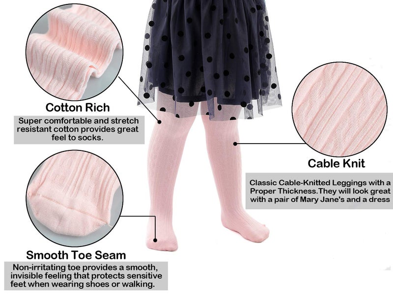 EPEIUS Toddler Girl Tights Baby Girls Boys Seamless Cable Knit Leggings Solid Cotton Tights Footed Pants for 12-24 Months 4 Pair,Black/White/Light Grey/Baby Pink - Image 3